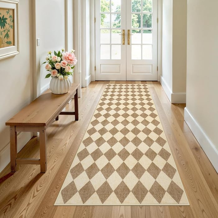 LIVEBOX Checkered Rug Runners for Hallways 2.5x8, Beige Non Slip Kitchen Washable Runner Rugs, Mo... | Amazon (US)