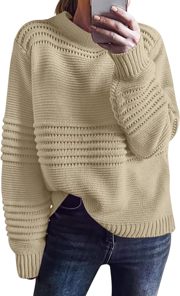 ANRABESS Women Crew Neck Long Sleeve Sweater 2023 Fall Casual Cable Ribbed Knit Pullover Jumper T... | Amazon (US)