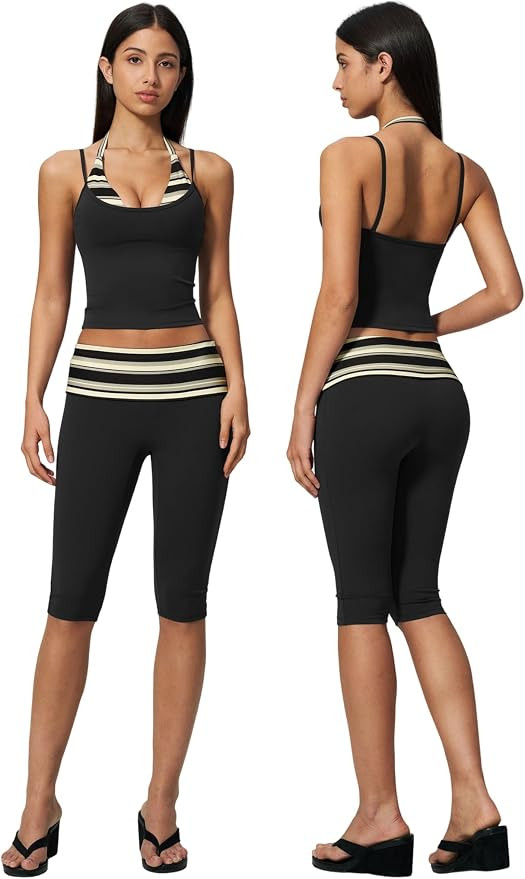 Women 2 Piece Workout Set Striped Halter Tank Top and High Waist Capri Pants Pilates Yoga Outfits | Amazon (US)