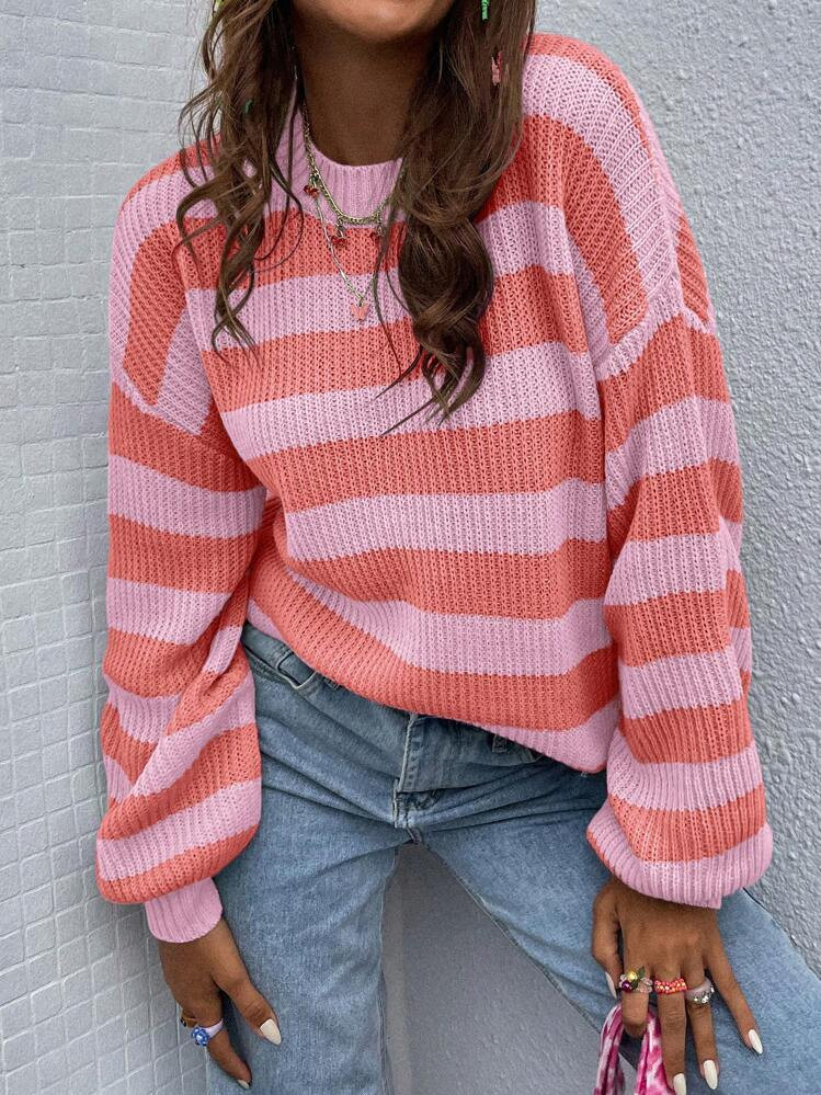SHEIN Relaxiva Casual Loose Fit Striped Lantern Sleeve Sweater With Contrasting Colors,Long Sleev... | SHEIN