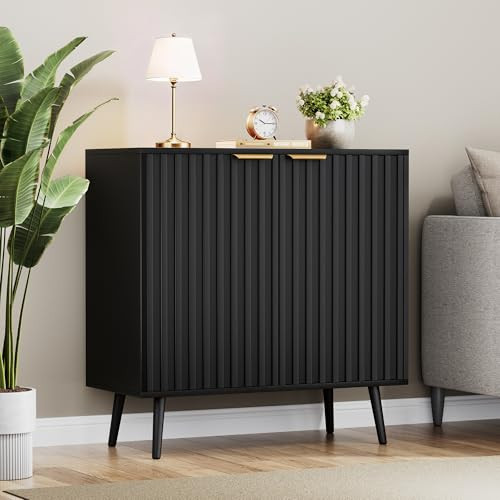 Fkhouse Black Fluted Buffet Cabinet, Free Standing Sideboard with Storage, Wood Accent Cabinet with Doors & Shelf, Modern Credenza, Sideboard Buffet Cabinet for Living Room, Dining Room(1, Black) | Amazon (US)