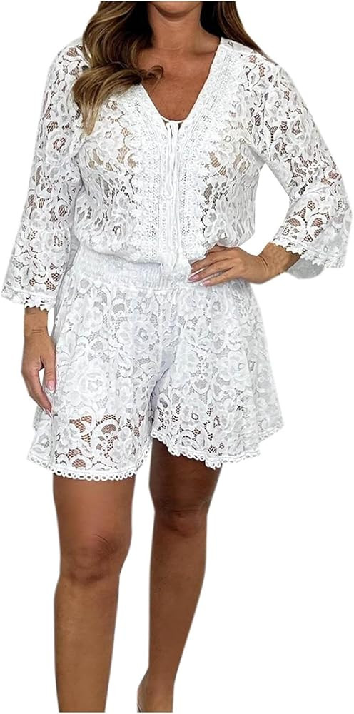 Women Lace Sets Match Top Shorts Sets for Women 2 Piece Straight Leg Fall Summer Sets 2024 | Amazon (US)