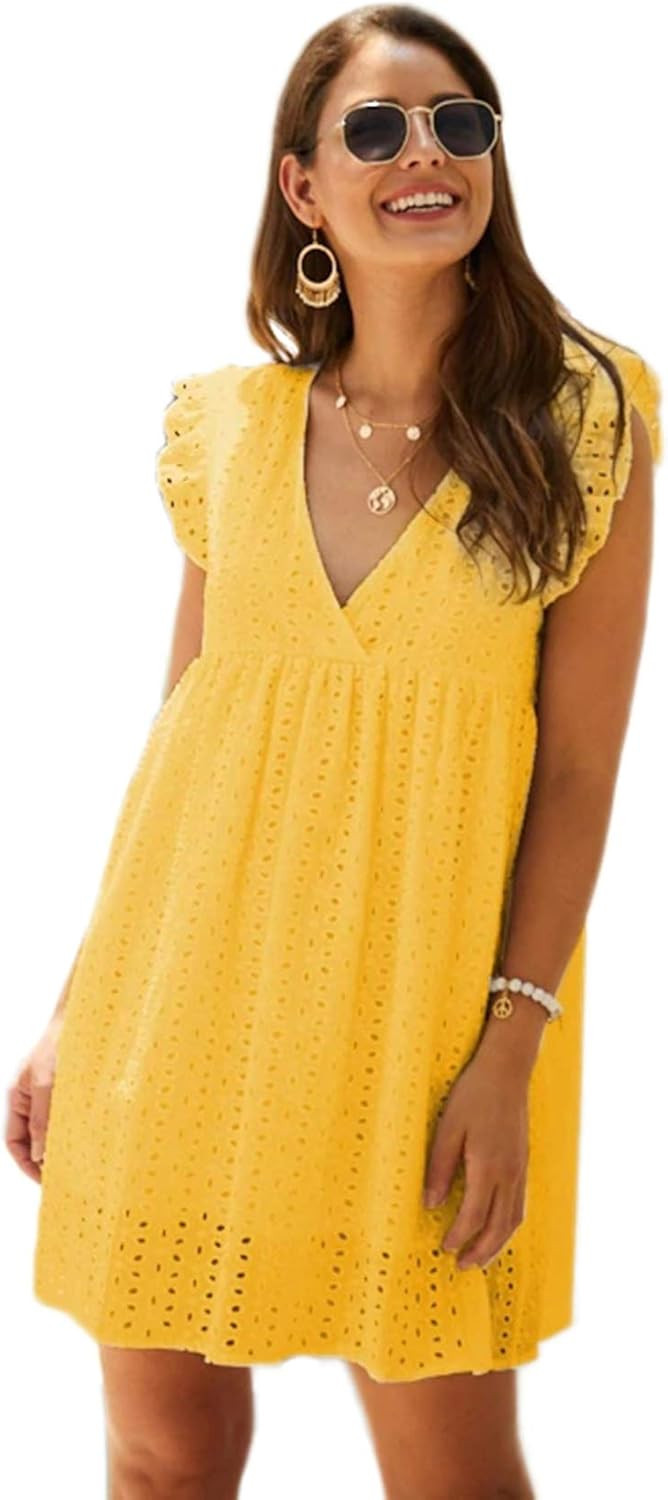 DIDK Women's Boho Ruffle Armhole Sleeveless V Neck Eyelet Embroidery Smock Dress | Amazon (US)