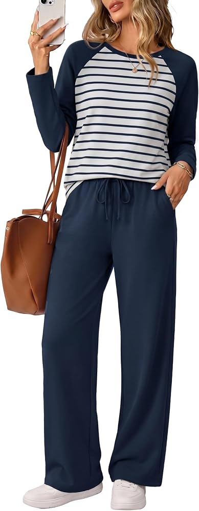 WIHOLL Women's 2 Piece Matching Lounge Set 2026 Long Sleeve Top and Wide Leg Pants with Pockets | Amazon (US)