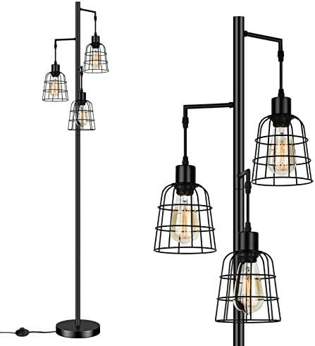 Industrial 3-Light Tree Floor Lamp with Cup-Shaped Cages Farmhouse Rustic Tall Standing Lamp for ... | Amazon (US)