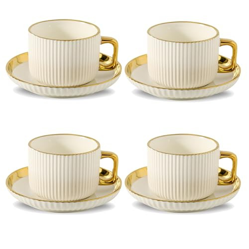 LETAOTAO Cappuccino Cups with Saucers, 8oz Ceramic Coffee Cups with Saucers Set, Latte Art Coffee Mugs with Gold Trim, Tea Cups Set of 4, British/Italian Coffee cups for Cafe Mocha, Double Espresso | Amazon (US)