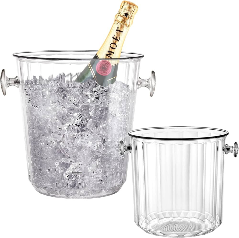 Hacaroa 2 Pack Plastic Ice Bucket with Handles, 1.6L / 3.5L Clear Wine Bucket Round Beverage Tub, Portable Beer Bottle Drink Cooler Large Champagne Chiller Bin for Party, Bar, Home | Amazon (US)