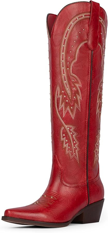 QIY Cowboy Boots for Women Knee High Womens Rhinestone Cowgirl Boots Pointed Toe Slip on Chunky H... | Amazon (US)