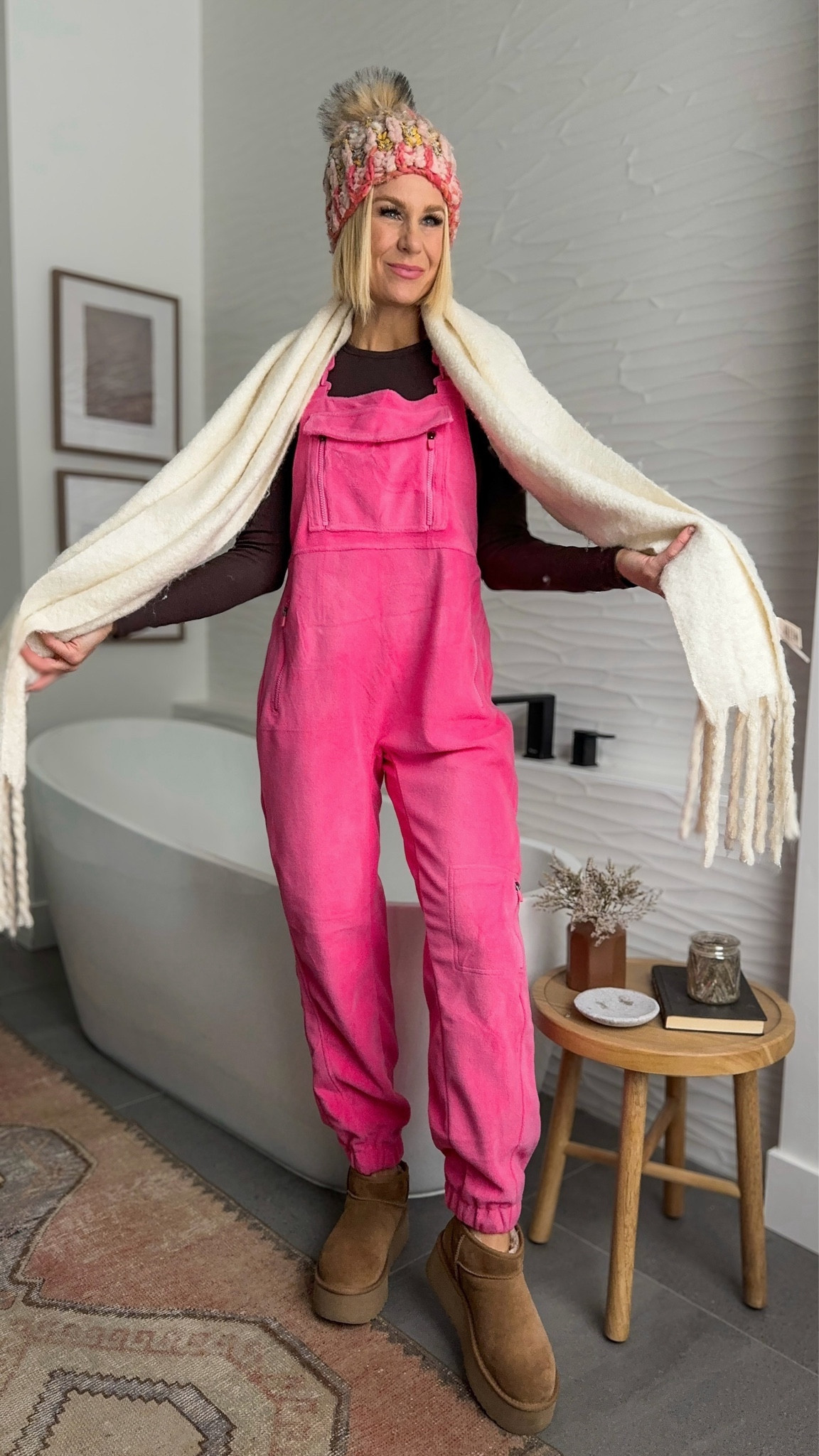 To say that I’m impressed with these fleece overalls is an understatement! No dumpy butt or saggy crotch.👌🏼 a flattering, silhouette adjustable straps, and really soft fabric. More colors available. beanie is old, but can be made. I linked the exact pattern if you know someone who knits.
Sizing: 
Fleece overalls: fit TTS, wearing size Med
Top: fits TTS, wearing a 6
Uggs: fit TTS


#LTKSeasonal #LTKtravel