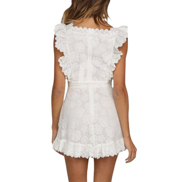 Musuos Women Hollow Out Lace Dress Ruffles Sleeveless Summer White Dress | Walmart (US)
