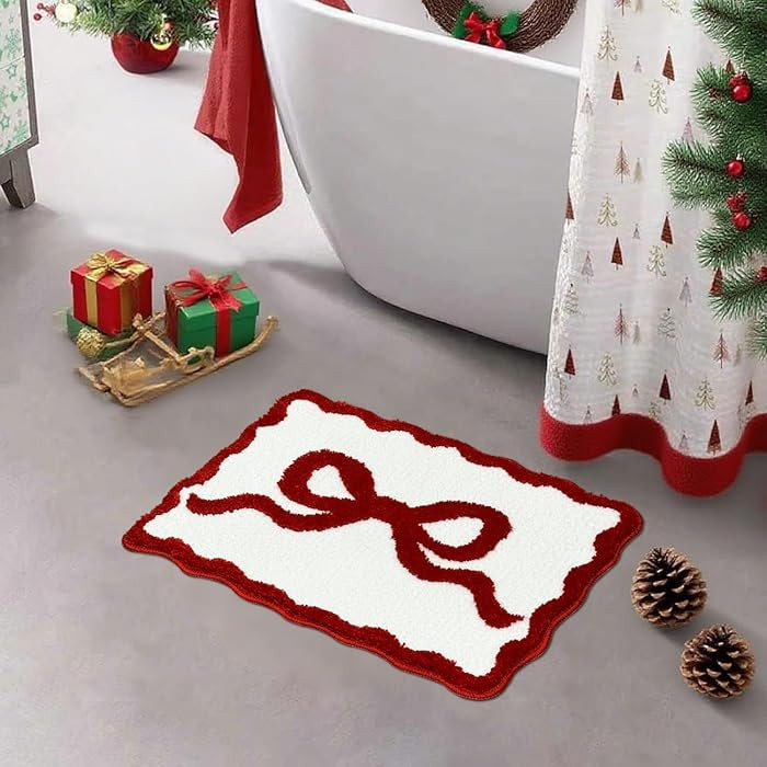 Red Bow Bath Mat - Scalloped Bow Bathroom Rug Coquette Room Decor Microfiber Bath Mat Water Absor... | Amazon (US)