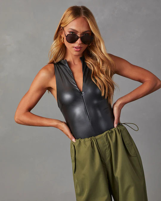 Shuri Faux Leather Mock Neck Bodysuit | VICI