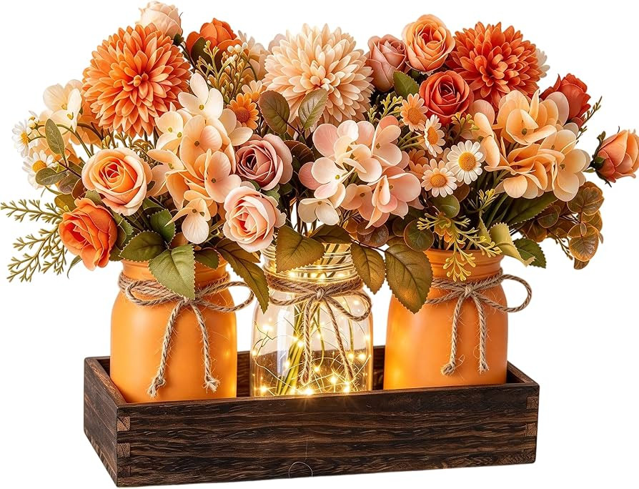 Mason Jar Centerpiece with Wood Tray \u2013 3 Jars Orange & Beige Chamomile | Amazon (US)