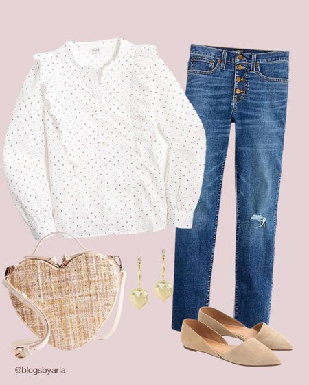 Outfit inspo for Valentine’s Day 🤍 ruffle top, skinny jeans, heart bag, heart earrings 

#LTKSeasonal #LTKstyletip #LTKitbag
