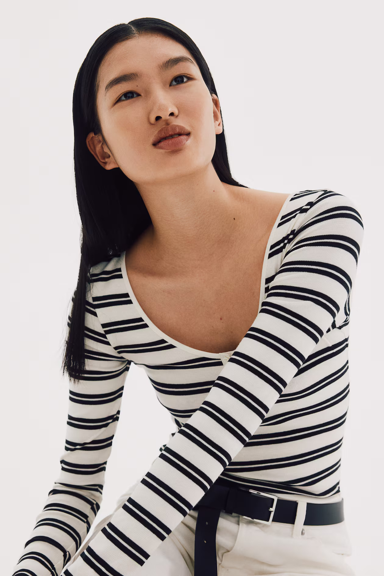 Henley Shirt - Low-cut Neckline - Long sleeve - White/striped - Ladies | H&M US | H&M (US + CA)