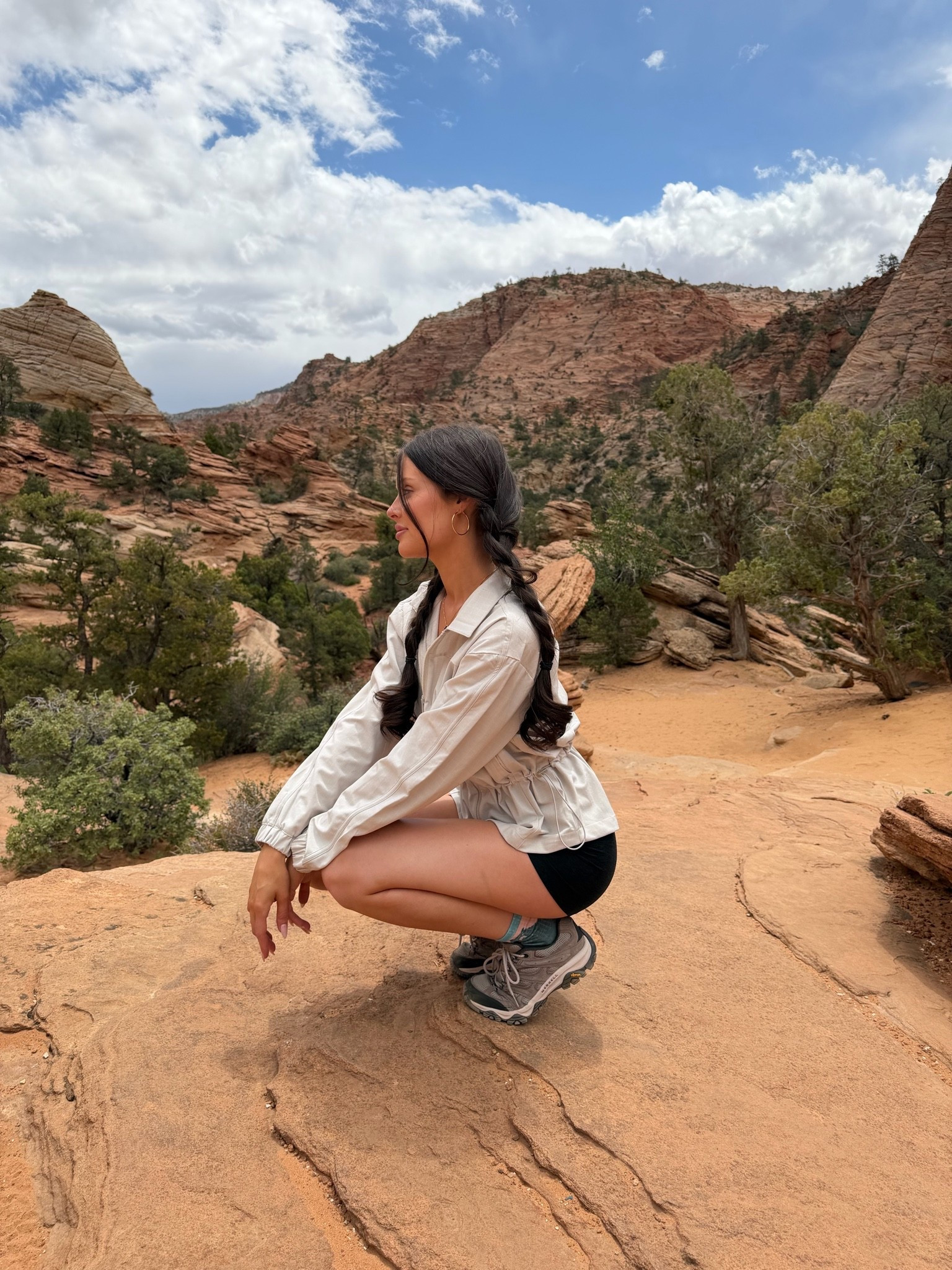 Wearing: XS jacket, XS shorts, size 8 shoes, M socks (go up a 1/2 size for the hiking shoes!)