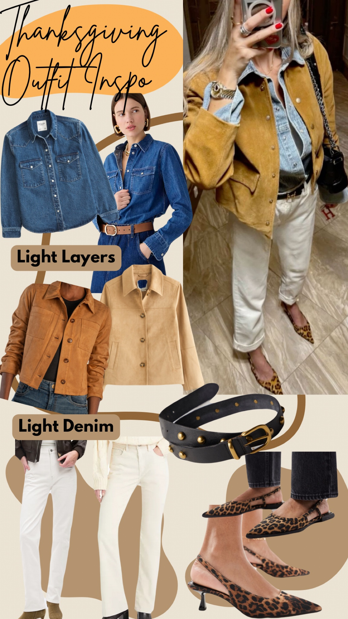 Thanksgiving outfit inspo: light layers paired with light denim. Suede and denim add texture to the look -pop it with a studded belt and leopard shoes. 

#LTKHoliday #LTKFindsUnder100 #LTKStyleTip