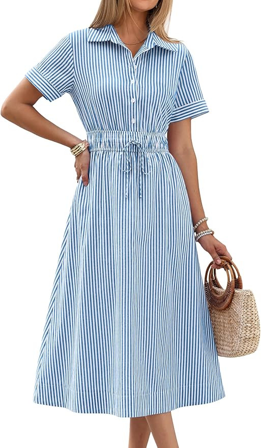 ANRABESS Womens Summer Midi Dress Short Sleeve Striped Plaid Button Collar Shirt Dresses 2026 Cas... | Amazon (US)