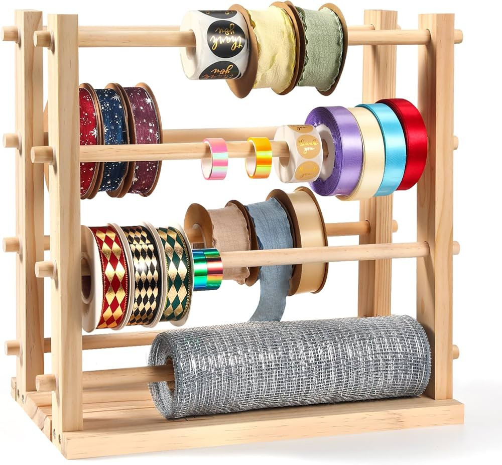Two-row Ribbon Holder Organizer Rack - Wooden Ribbon Spool Holder for Mesh Ribbon Wreath Thread T... | Amazon (US)
