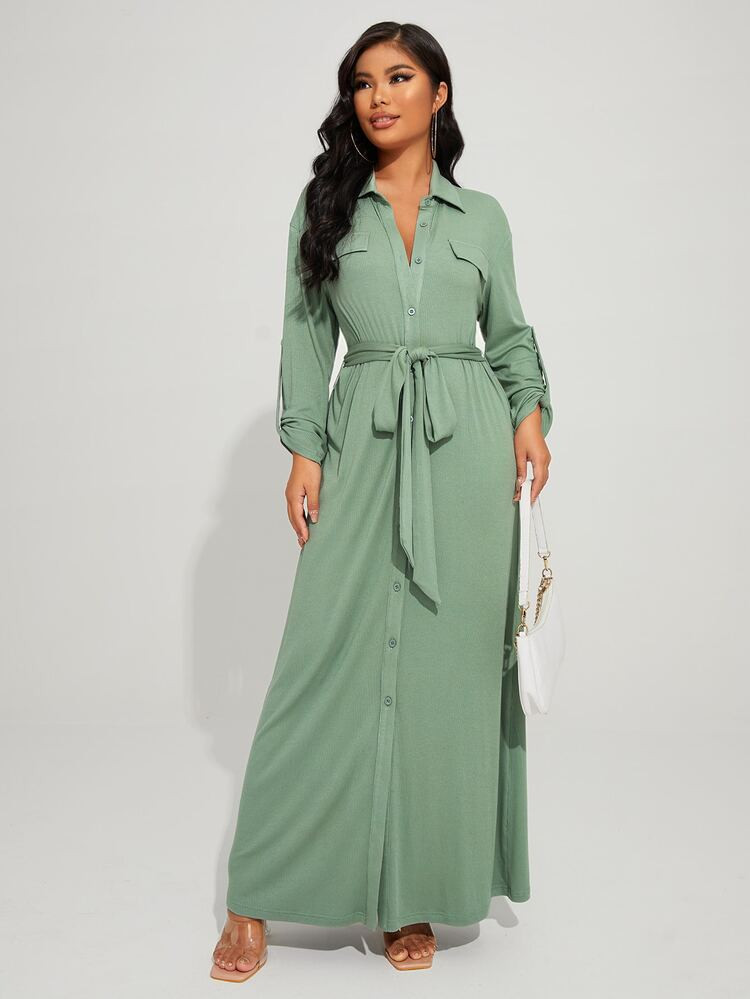 SHEIN Drop Shoulder Button Front Belted Dress | SHEIN