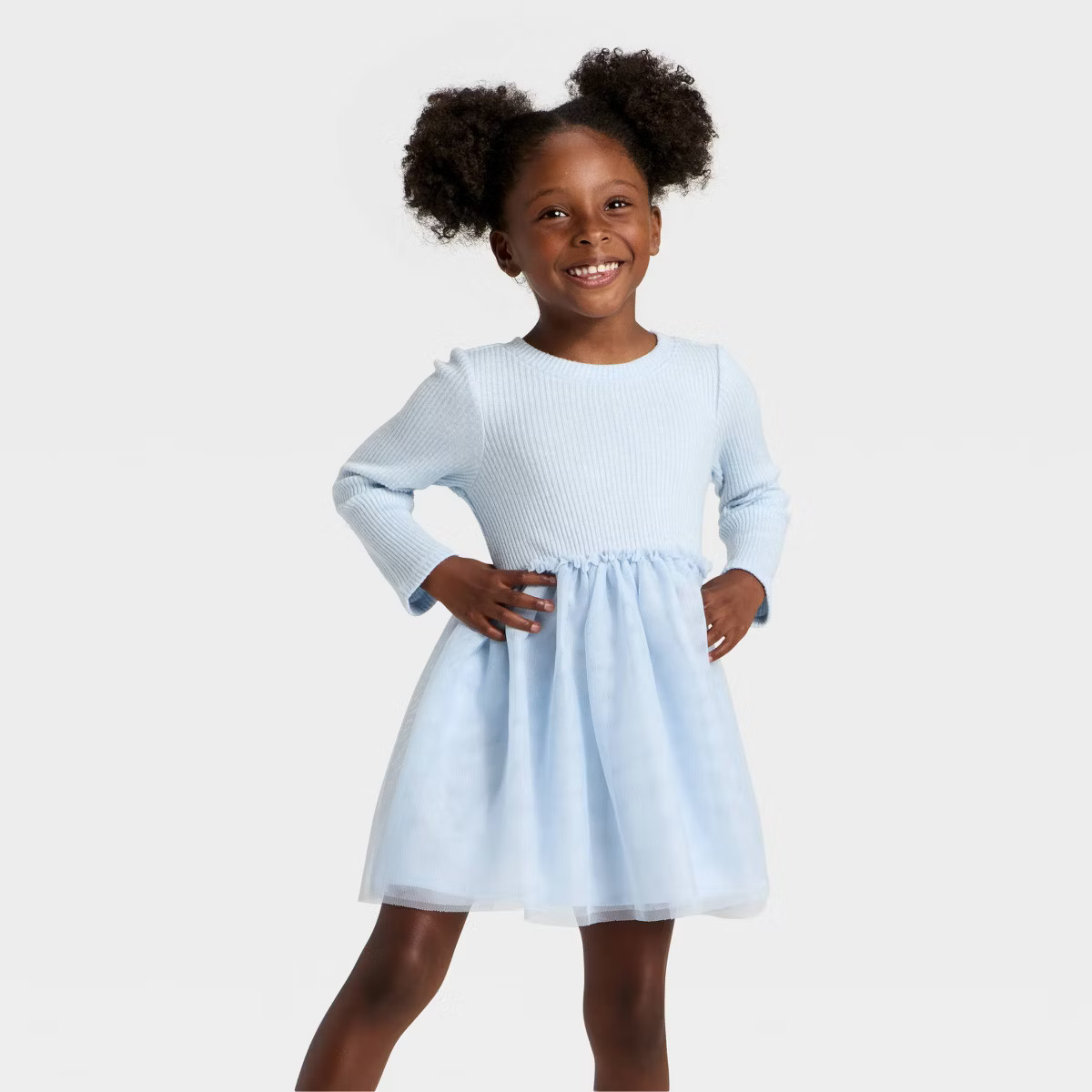 Toddler Girls' Long Sleeve Sparkle Ribbed Tulle Dress - Cat & Jack™ Blue 12M | Target