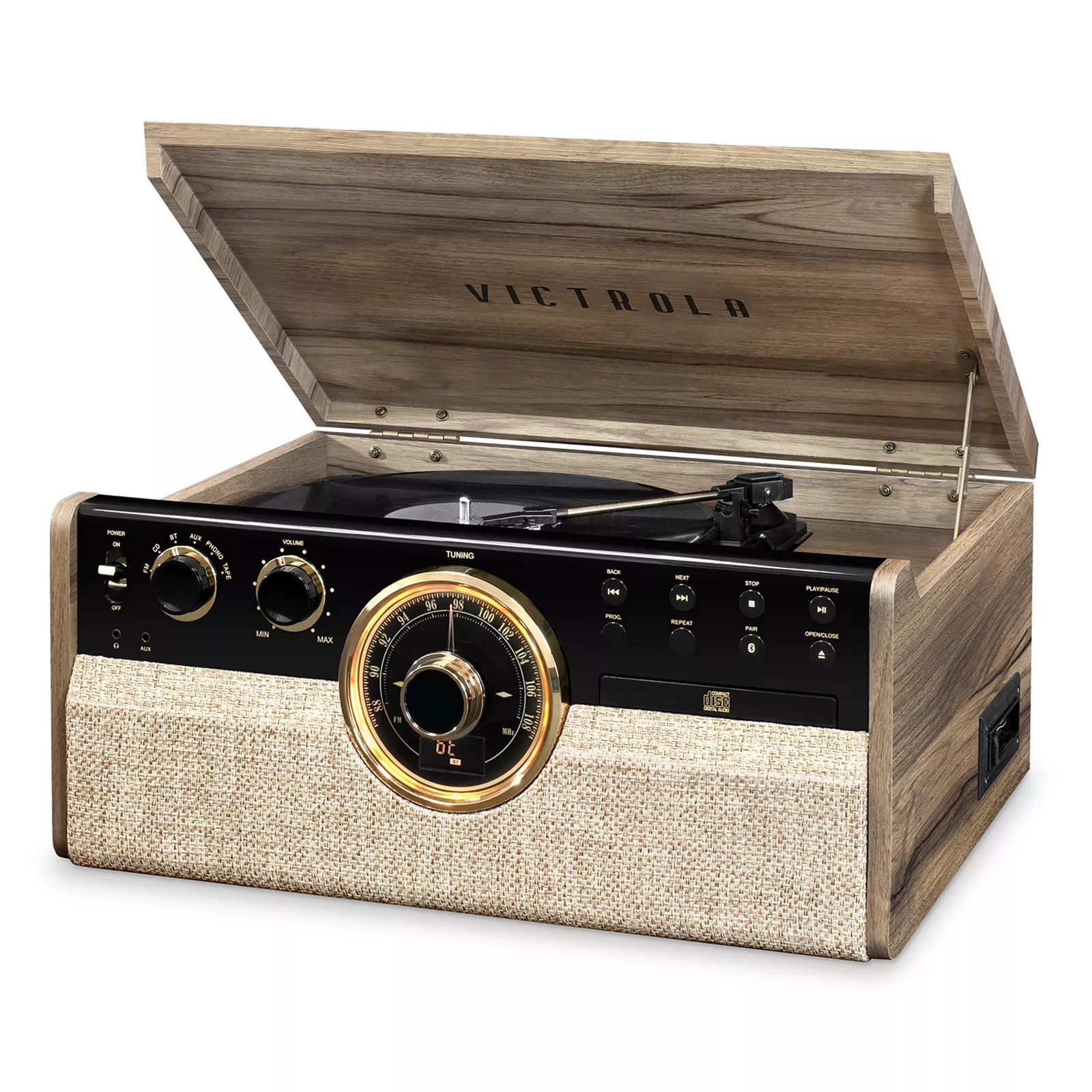 Victrola Empire 6-in-1 Wood Mid Century Modern Bluetooth Record Player with 3-Speed Turntable, CD, Cassette Player and Radio, Brown | Kohl's