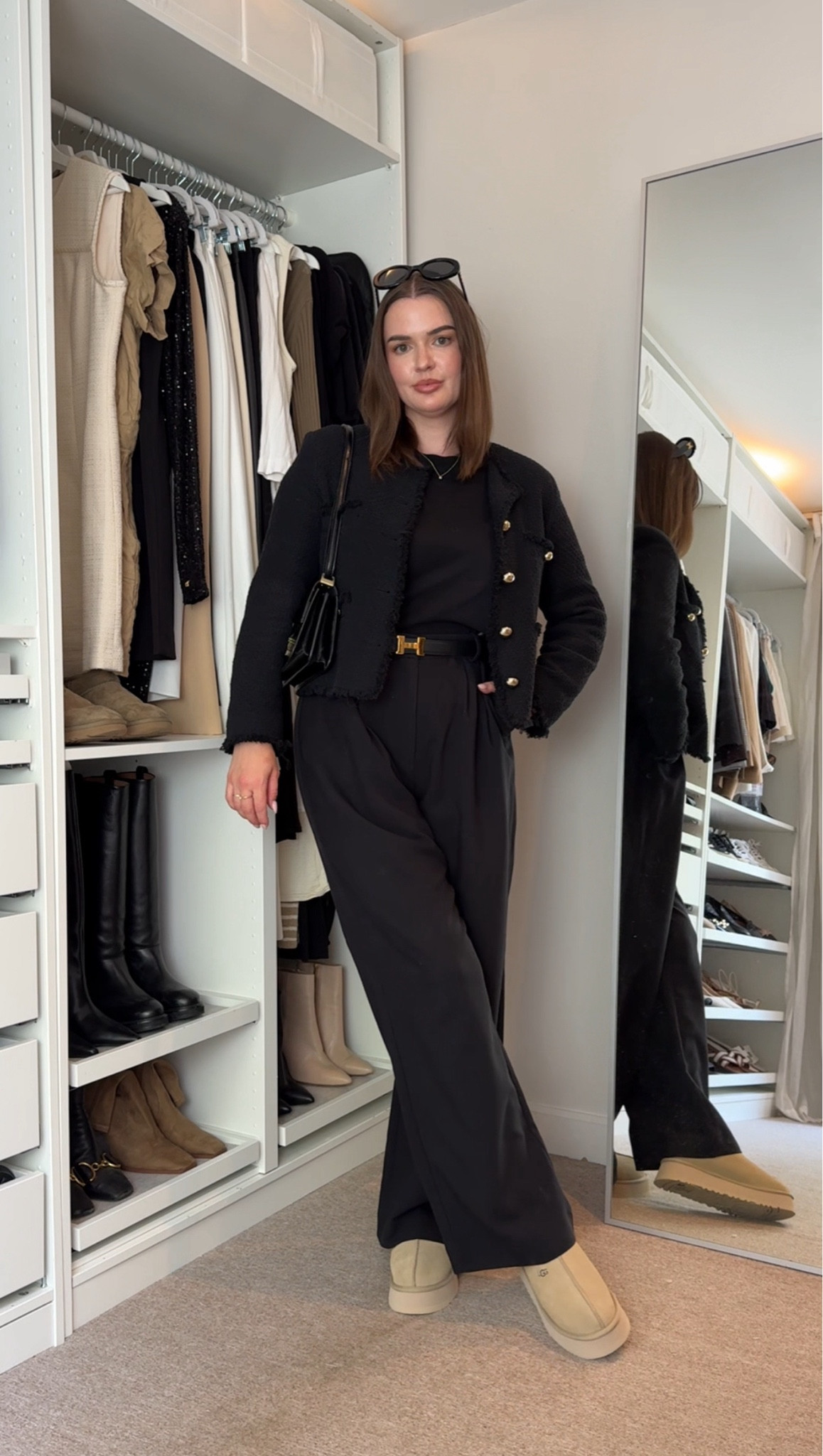 Ugg Tazz mustard seed, Abercrombie black Sloane tailored trousers, cos black clean cut t shirt, mango black tweed jacket with gold buttons, Marks & Spencer black crossbody handbag

#LTKuk #LTKautumn #LTKstyletip