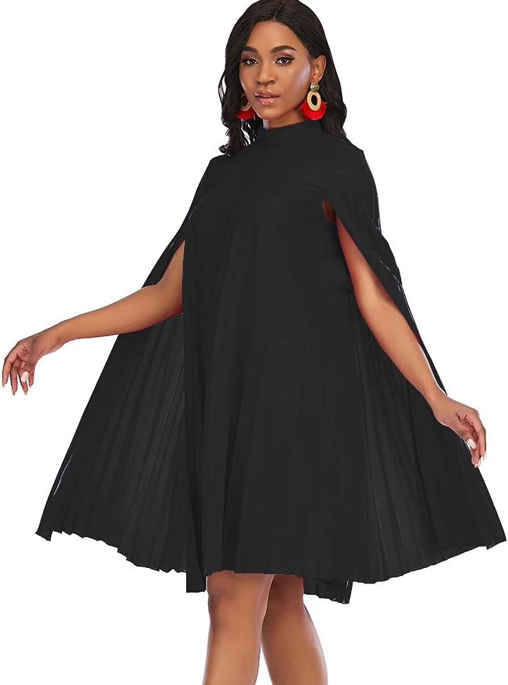 AOMEI Women's Stand Collar Pleated Cape Sleeve Loose Knee Length Dress Plus Size | Amazon (US)