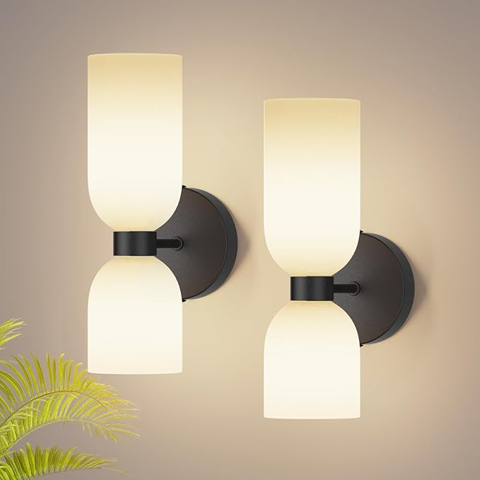 Tipace Black Wall Sconces Set of Two,Modern Bathroom Sconce with Milky White Glass,Hardwired Wall... | Amazon (US)
