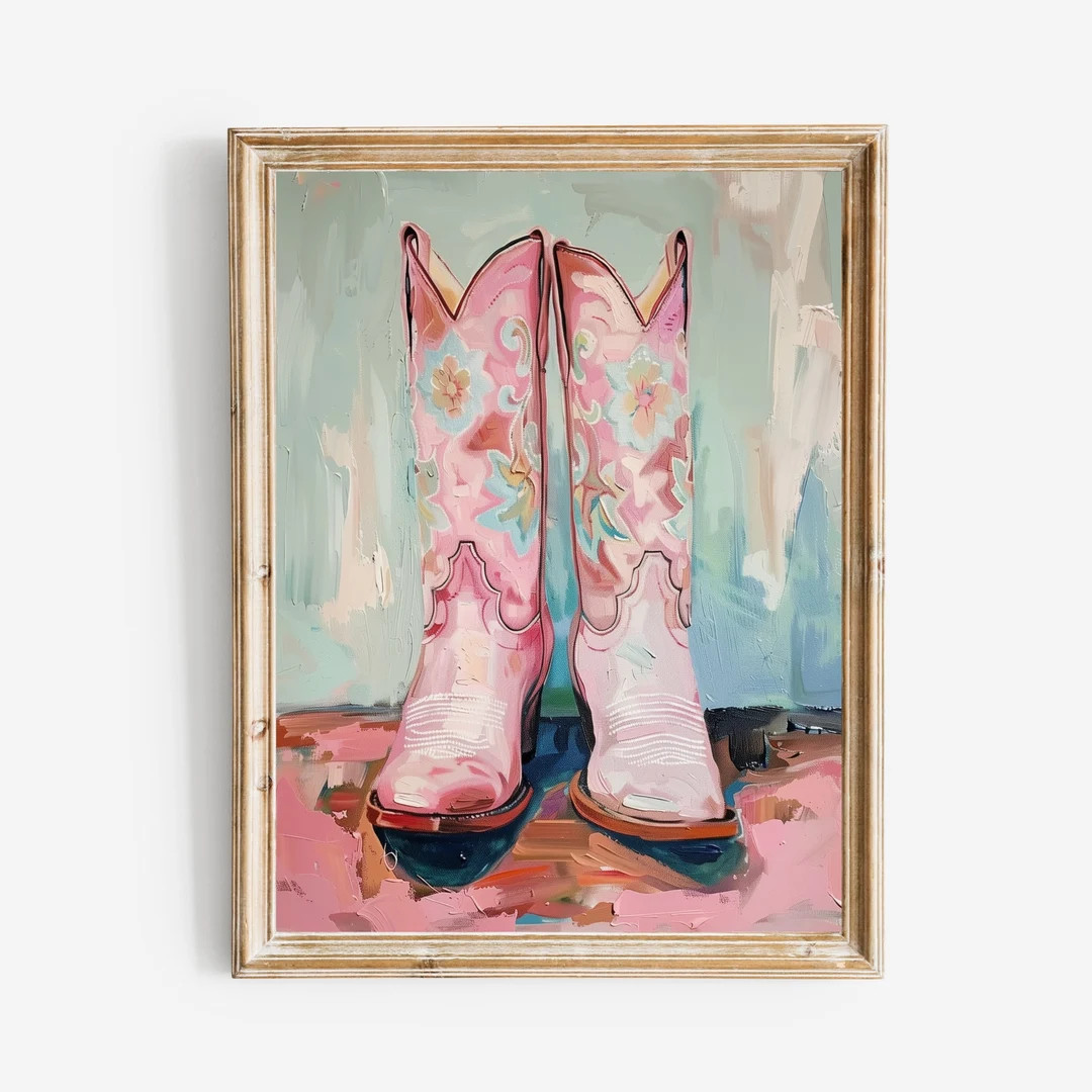 Coastal Cowgirl Boots Painting Print, Dorm Room Wall Art, Vintage Style Pink Western Poster, Prin... | Etsy (US)