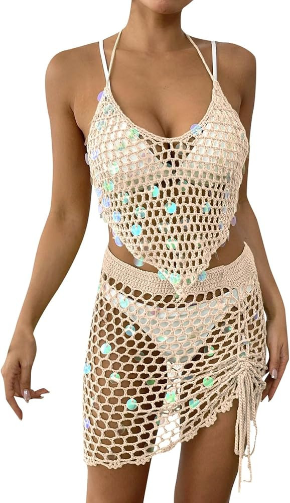 Womens Swimsuit Cover Up 2 Piece Sequin Crochet Set Bikini Coverups Beach Outfits | Amazon (US)