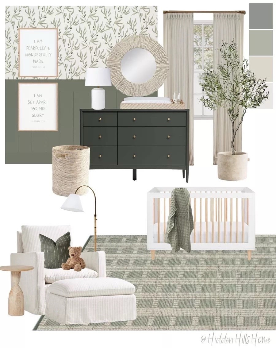 Nursery decor, nursery mood board, baby’s room decor ideas, nursery design, green nursery decor, gender neutral nursery #nursery Paint Color is SW Dried Thyme 



#LTKBaby #LTKHome #LTKSaleAlert