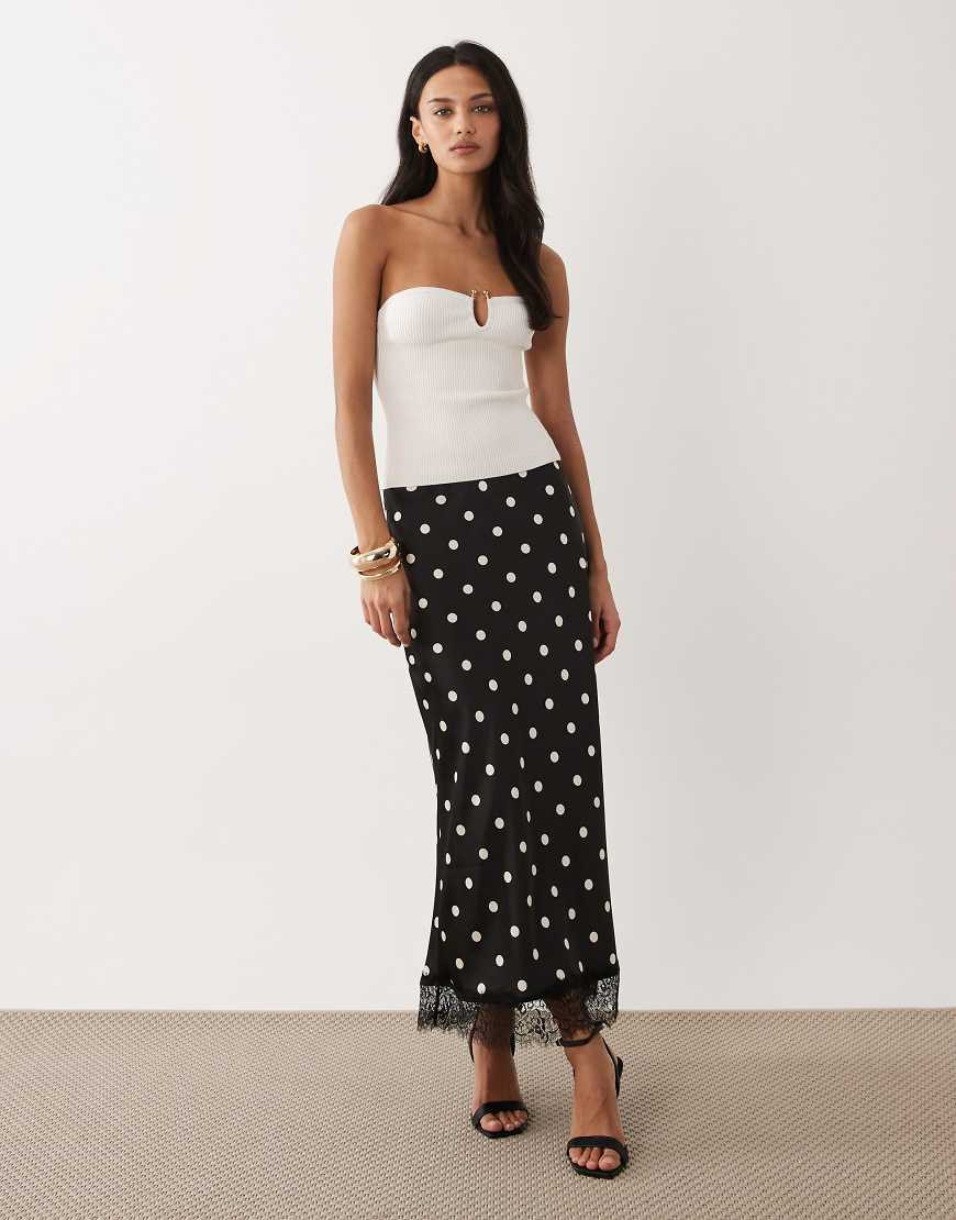Nobody's Child satin lace trim maxi skirt in black polka dot | ASOS (Global)