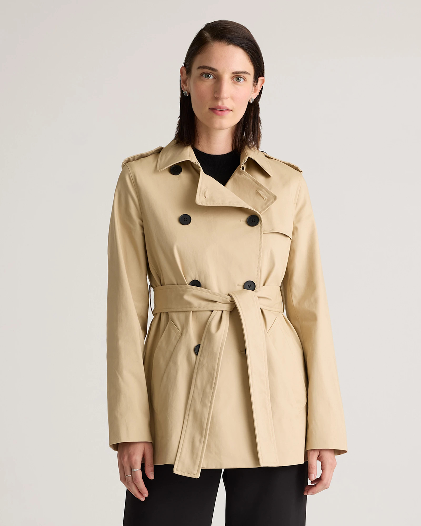 Quince | Women's Comfort Stretch Short Trench Coat in Light Khaki, Size XS, Organic Cotton | Quince