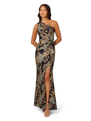 Adrianna Papell Women's One Shoulder Jacquard Dress | Formal Evening Gown with Metallic Floral Design & Side Leg Slit, Blue/Gold 8 | Amazon (US)