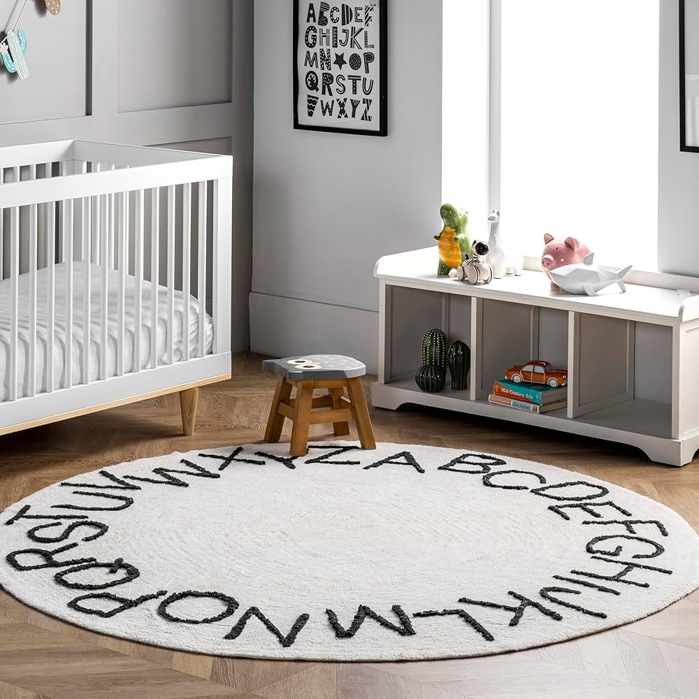 nuLOOM Kids Washable Round Alphabet Area Rug, 4' Round, Ivory | Amazon (US)