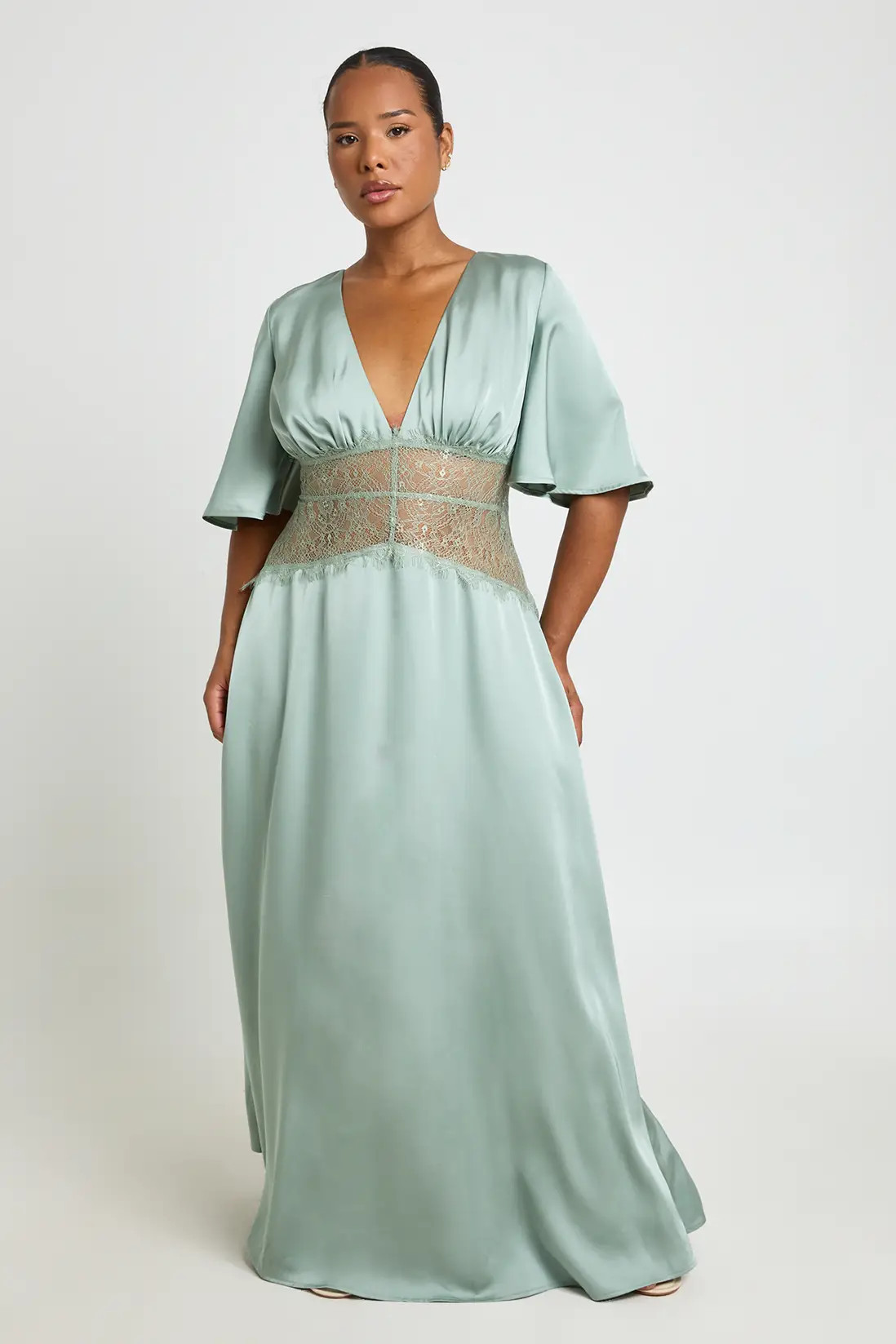 Sage Plus Satin Lace Panel Angel Sleeve Maxi Dress | Boohoo USA | boohoo (US & Canada)