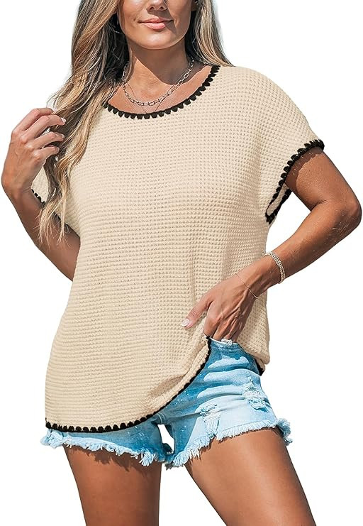 CUPSHE Women Cap Sleeve Knit Cover Up Beach Waffle Tops Crew Neck Summer Oversized Trendy Short S... | Amazon (US)