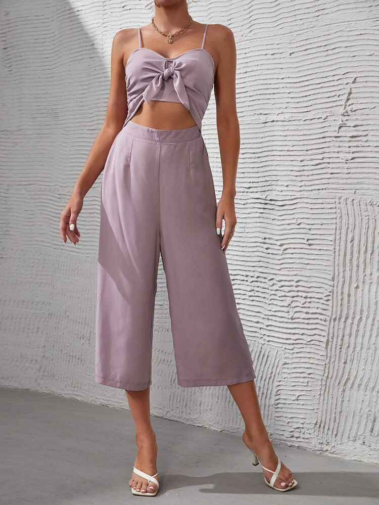 Cut Out Knot Front Shirred Back Cami Jumpsuit | SHEIN