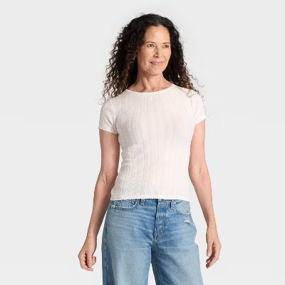 Women's Short Sleeve Pointelle T-Shirt - Universal Thread™ Cream XS | Target