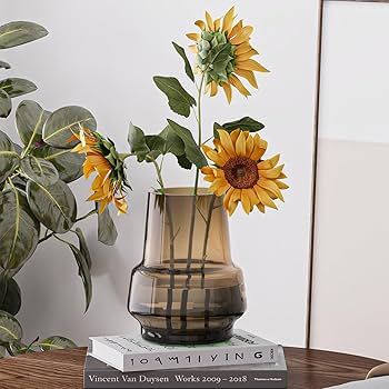 Amber Glass Vase Bud Flower Vase with Modern Design, Brown Wide Mouth Decorative Vase Gift for Ho... | Amazon (US)