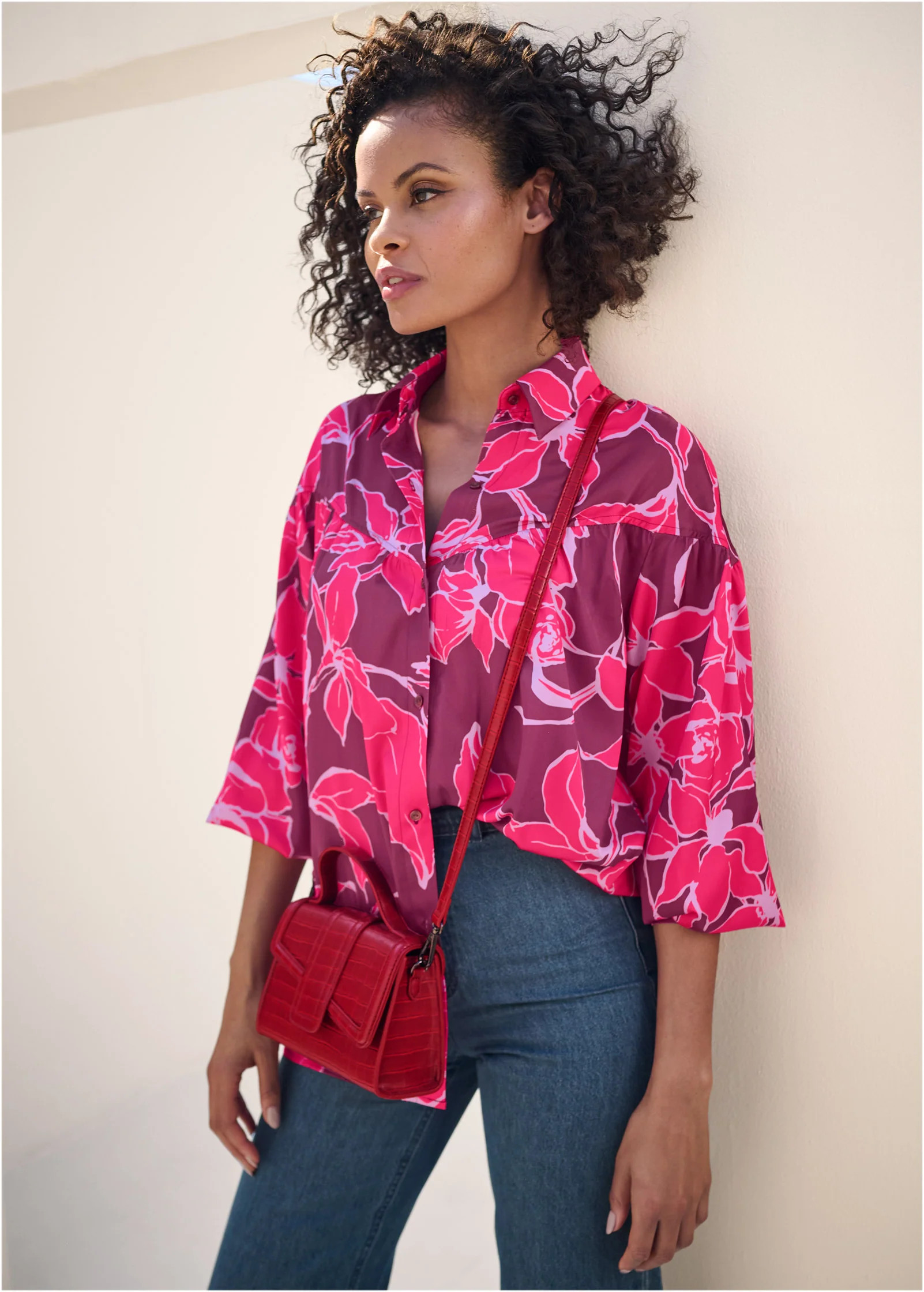 Satin Long Sleeve Blouse - Pink Multi | VENUS