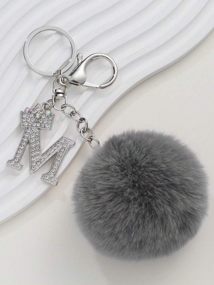 Rhinestone Letter & Pom Pom Charm Keychain | SHEIN