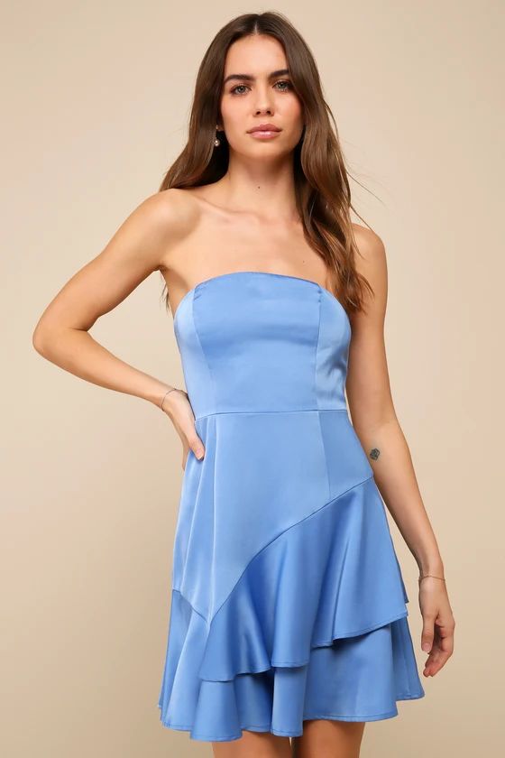 Certainly the Cutest Blue Satin Tiered Strapless Mini Dress | Lulus