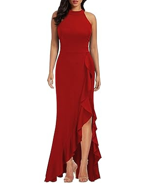 WOOSEA Women's High Neck Split Bodycon Mermaid Evening Cocktail Long Dress | Amazon (US)