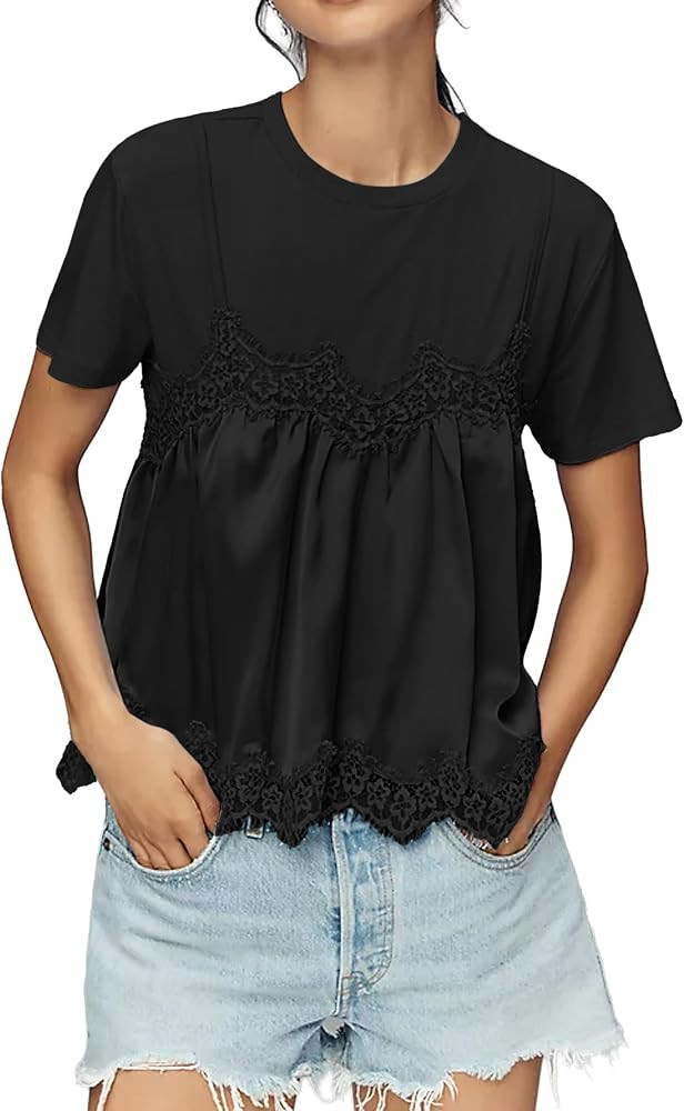 Lace Tops for Women Short Sleeve Crew Neck Blouse | Amazon (US)