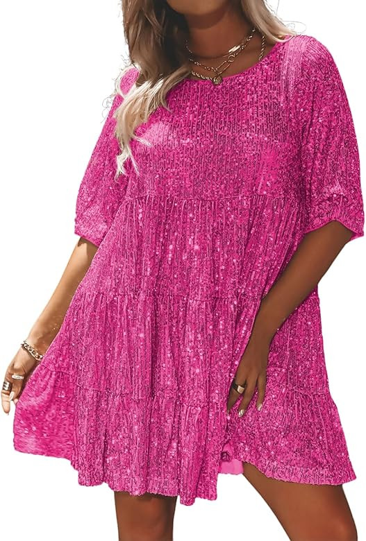 Naileksi Women Glitter Sparkle Sequins Babydoll Dress Short Sleeve Round Neck Ruffle Hem Loose Ti... | Amazon (US)