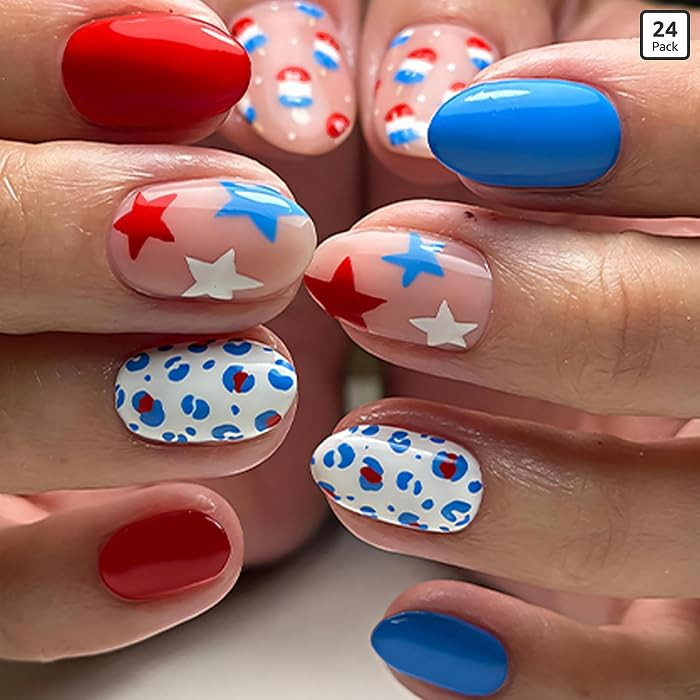 Red Blue White Short Almond Press on Nails Independence Day Leopard Print Fake Nails with Popsicl... | Amazon (US)