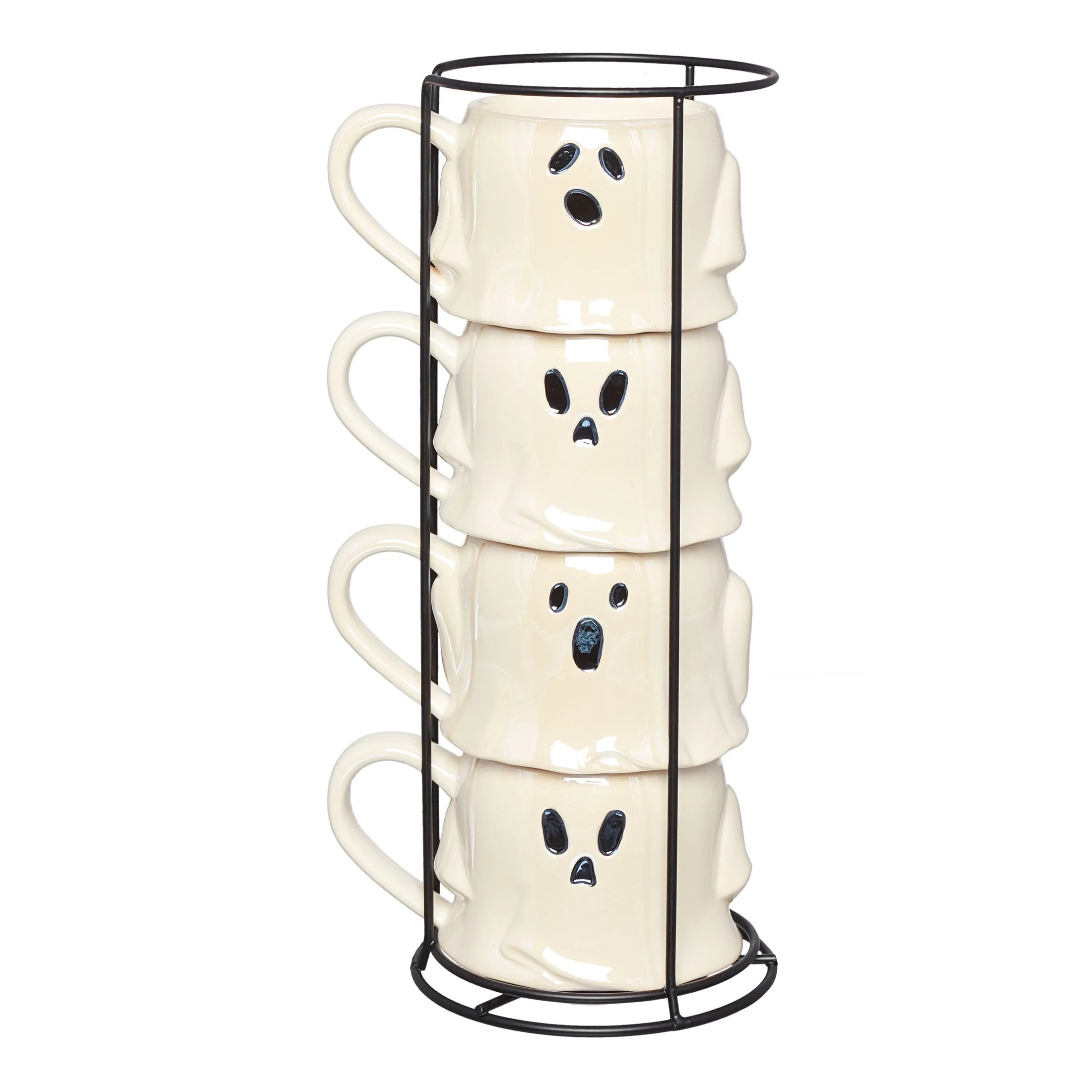 Way to Celebrate 4-Piece 13-Oz White Ghost-Shaped Glazed Ceramic Stacking Mug Set with Metal Rack | Walmart (US)