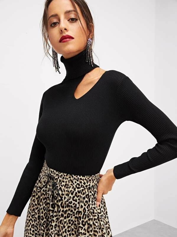 SHEIN Rolled Neck Cutout Ribbed Sweater | SHEIN